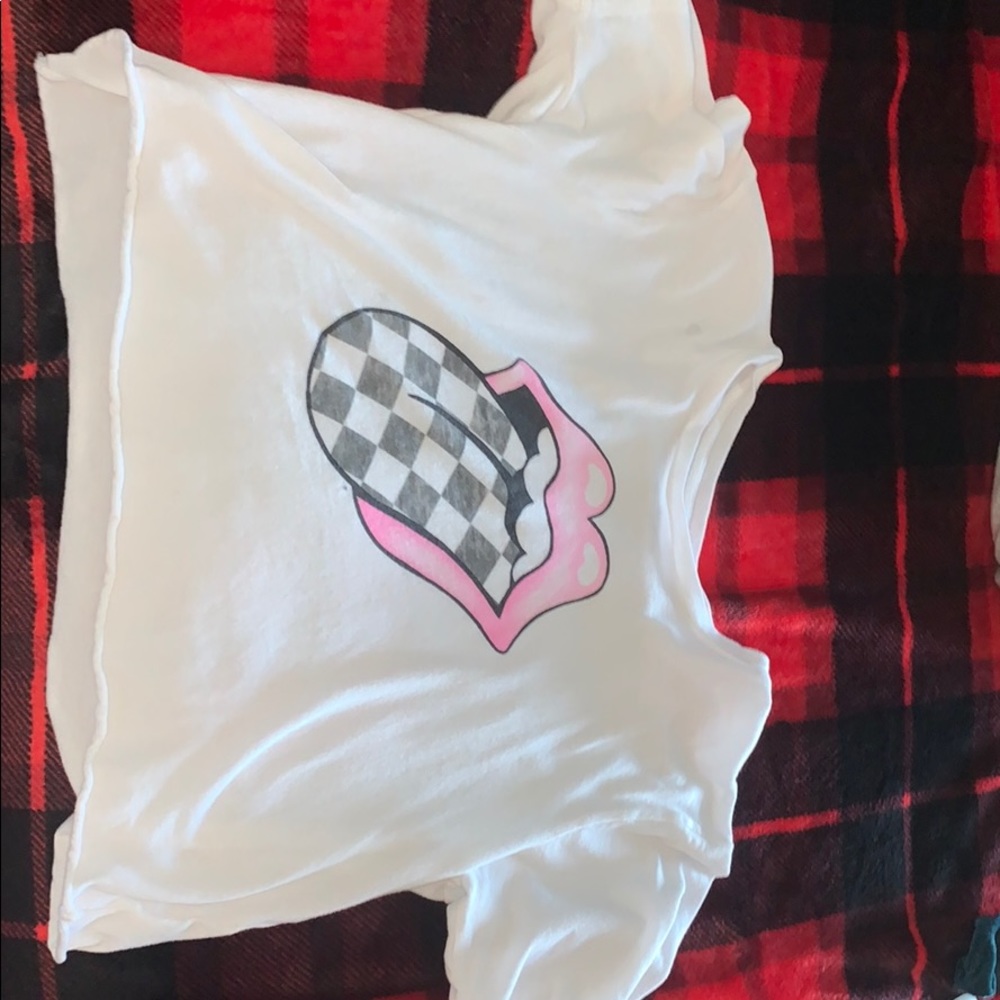 The rolling stones pink and checkered cropped tee